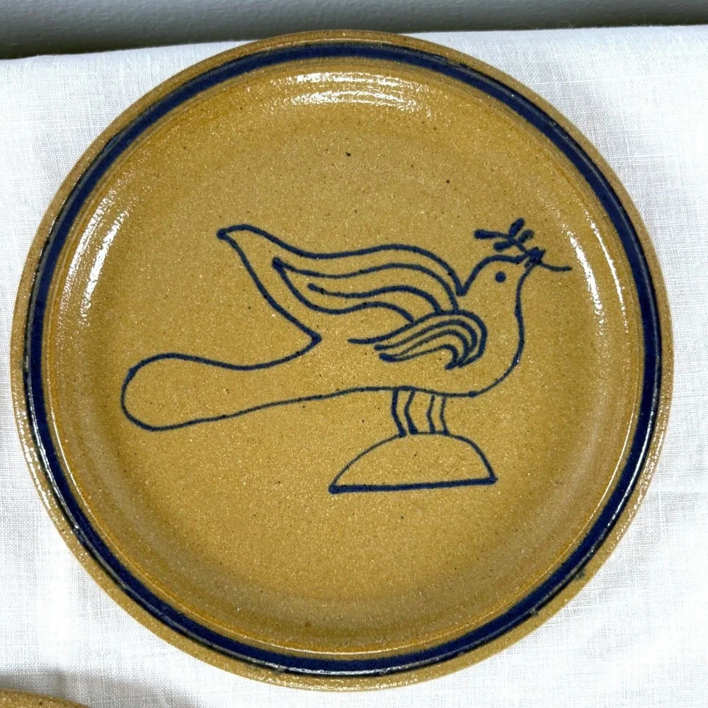 Vintage 1995 New Harmony Pottery Dove of Peace Stoneware Plates Set of 3 Signed